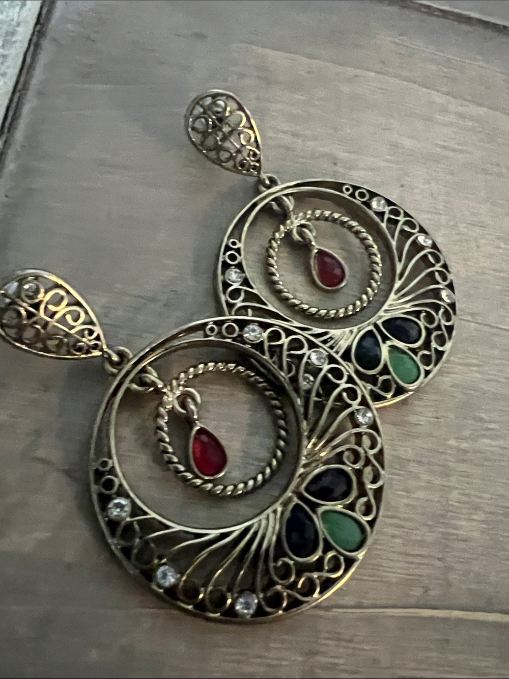 Gold-Tone Filigree Hoop Earrings with Red, Blue, and Green Stones - Picture 5 of 7